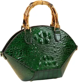 Small Clamshell Purses Bag For Women Bamboo Top-Handle Satchel Handbags Shoulder Crossbody Crocodile Pattern Leather Bags