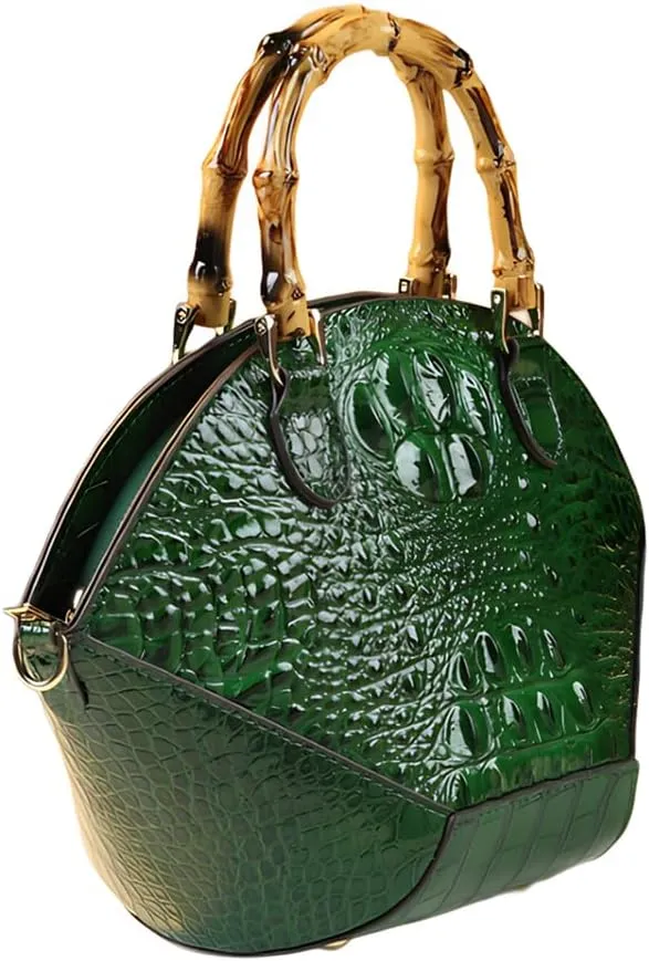 Small Clamshell Purses Bag For Women Bamboo Top-Handle Satchel Handbags Shoulder Crossbody Crocodile Pattern Leather Bags