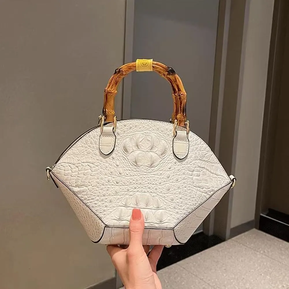 Small Clamshell Purses Bag For Women Bamboo Top-Handle Satchel Handbags Shoulder Crossbody Crocodile Pattern Leather Bags