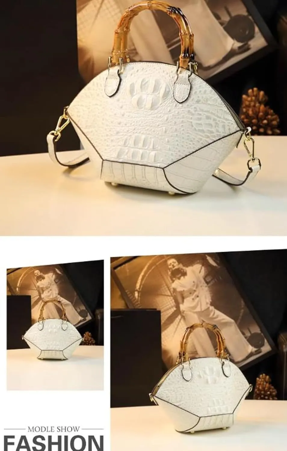 Small Clamshell Purses Bag For Women Bamboo Top-Handle Satchel Handbags Shoulder Crossbody Crocodile Pattern Leather Bags
