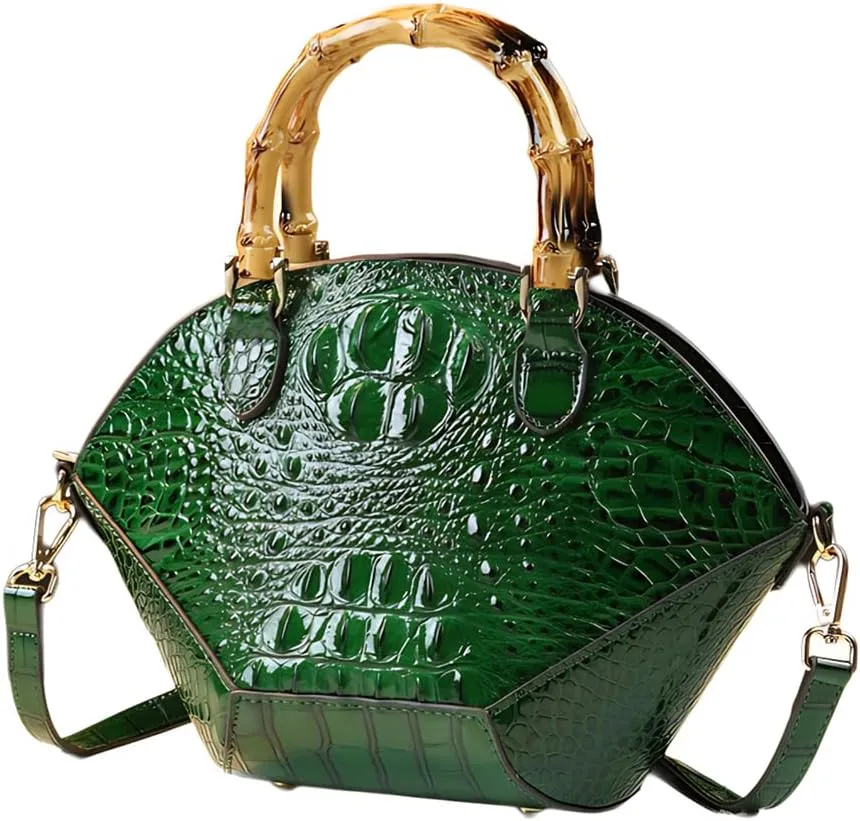 Small Clamshell Purses Bag For Women Bamboo Top-Handle Satchel Handbags Shoulder Crossbody Crocodile Pattern Leather Bags