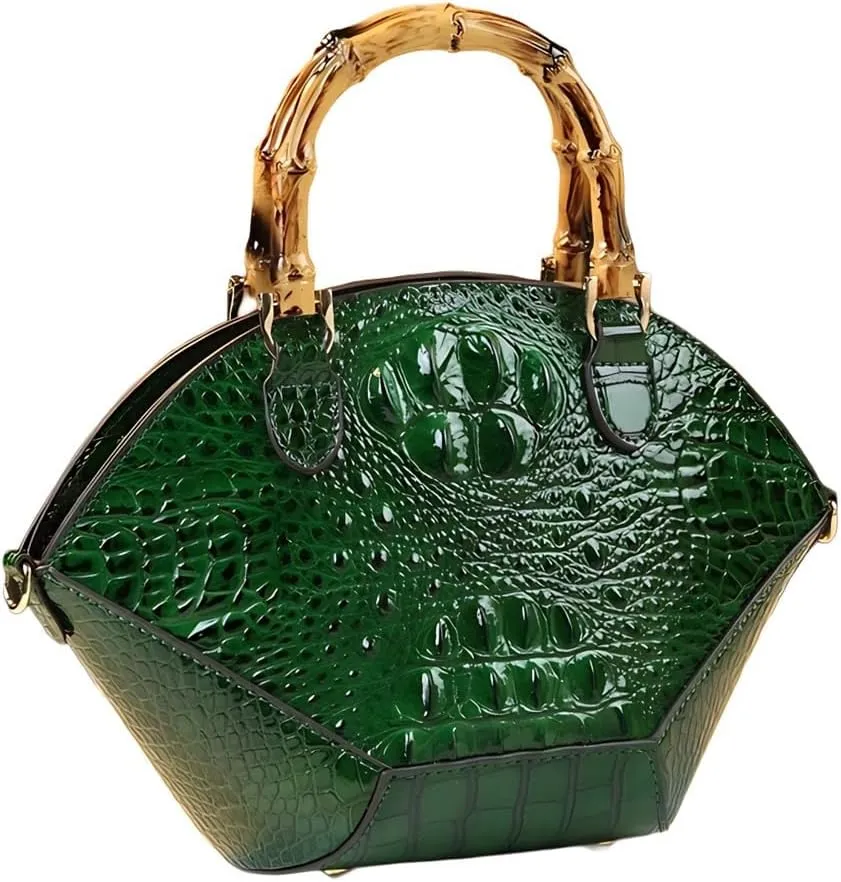 Small Clamshell Purses Bag For Women Bamboo Top-Handle Satchel Handbags Shoulder Crossbody Crocodile Pattern Leather Bags