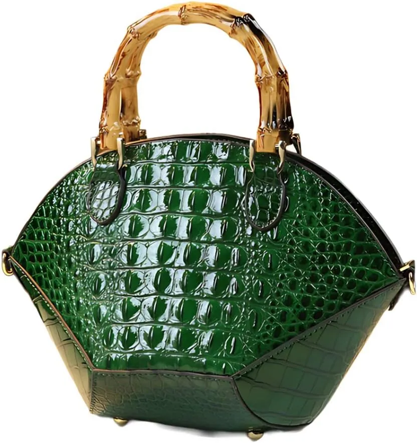 Small Clamshell Purses Bag For Women Bamboo Top-Handle Satchel Handbags Shoulder Crossbody Crocodile Pattern Leather Bags