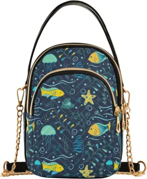 Small Crossbody Bags Marine Fish Seaweed Starfish Jellyfish Shoulder Bag for Women Quilted Wave Cross Body Bag
