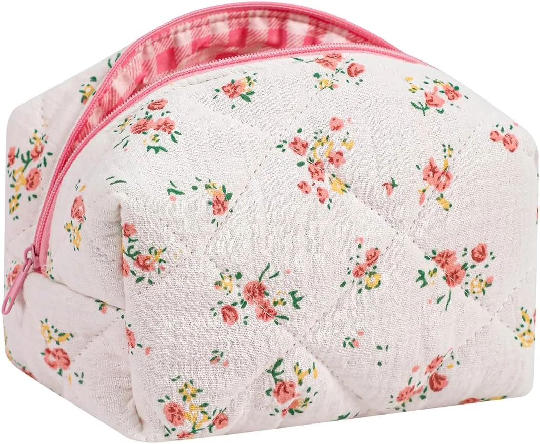 Small Quilted Cotton Makeup Bag, Cute Floral Cosmetic Bag, Cotton Aesthetic Makeup Pouch, Kawaii Travel Toiletry Bag for Women and Girls (07 Yellow and Pink Flower)