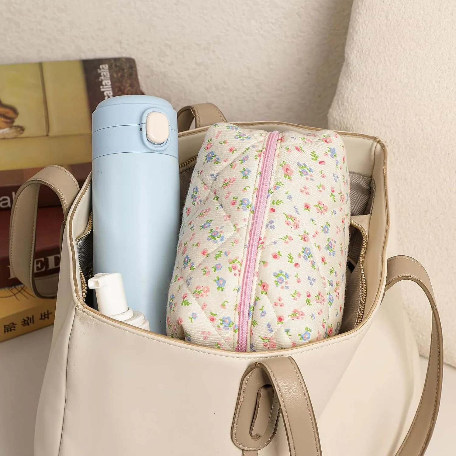 Small Quilted Cotton Makeup Bag, Cute Floral Cosmetic Bag, Cotton Aesthetic Makeup Pouch, Kawaii Travel Toiletry Bag for Women and Girls (07 Yellow and Pink Flower)