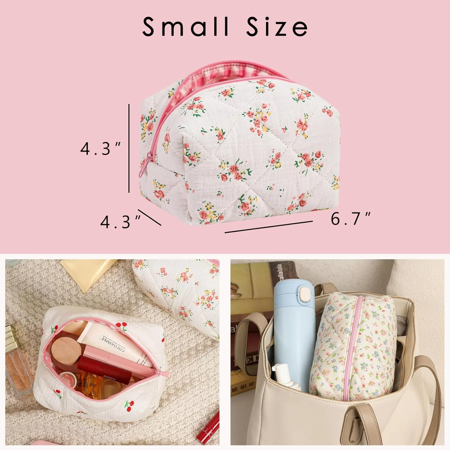Small Quilted Cotton Makeup Bag, Cute Floral Cosmetic Bag, Cotton Aesthetic Makeup Pouch, Kawaii Travel Toiletry Bag for Women and Girls (07 Yellow and Pink Flower)