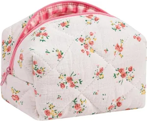 Small Quilted Cotton Makeup Bag, Cute Floral Cosmetic Bag, Cotton Aesthetic Makeup Pouch, Kawaii Travel Toiletry Bag for Women and Girls (07 Yellow and Pink Flower)