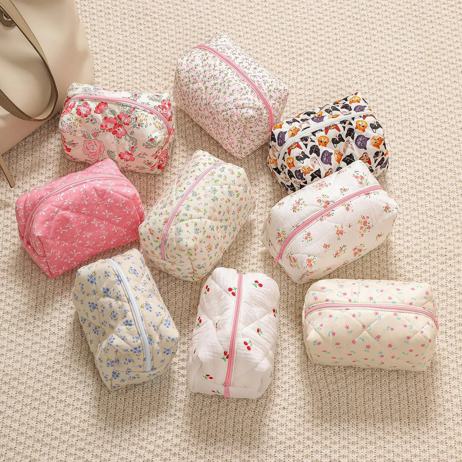 Small Quilted Cotton Makeup Bag, Cute Floral Cosmetic Bag, Cotton Aesthetic Makeup Pouch, Kawaii Travel Toiletry Bag for Women and Girls (07 Yellow and Pink Flower)