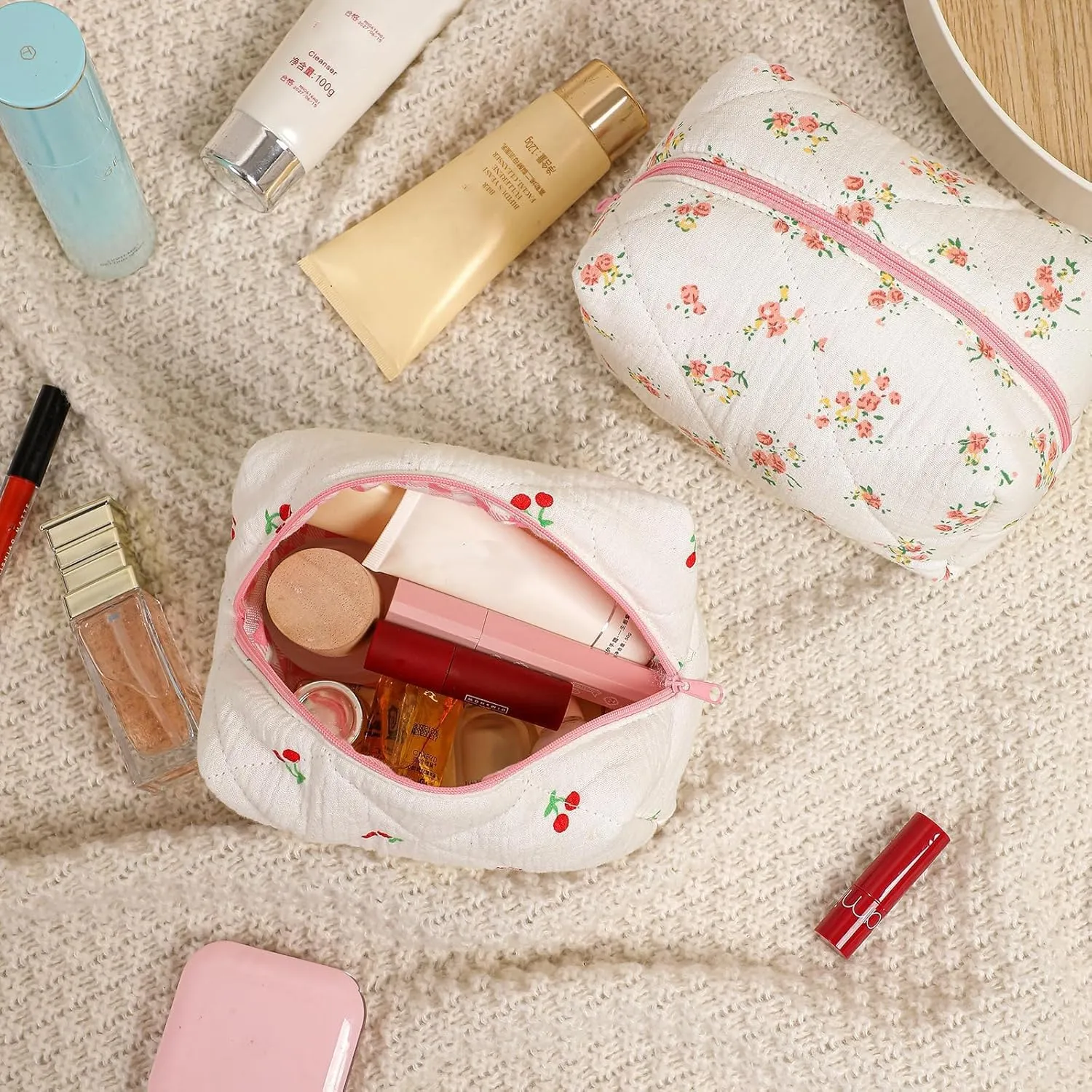 Small Quilted Cotton Makeup Bag, Cute Floral Cosmetic Bag, Cotton Aesthetic Makeup Pouch, Kawaii Travel Toiletry Bag for Women and Girls (07 Yellow and Pink Flower)