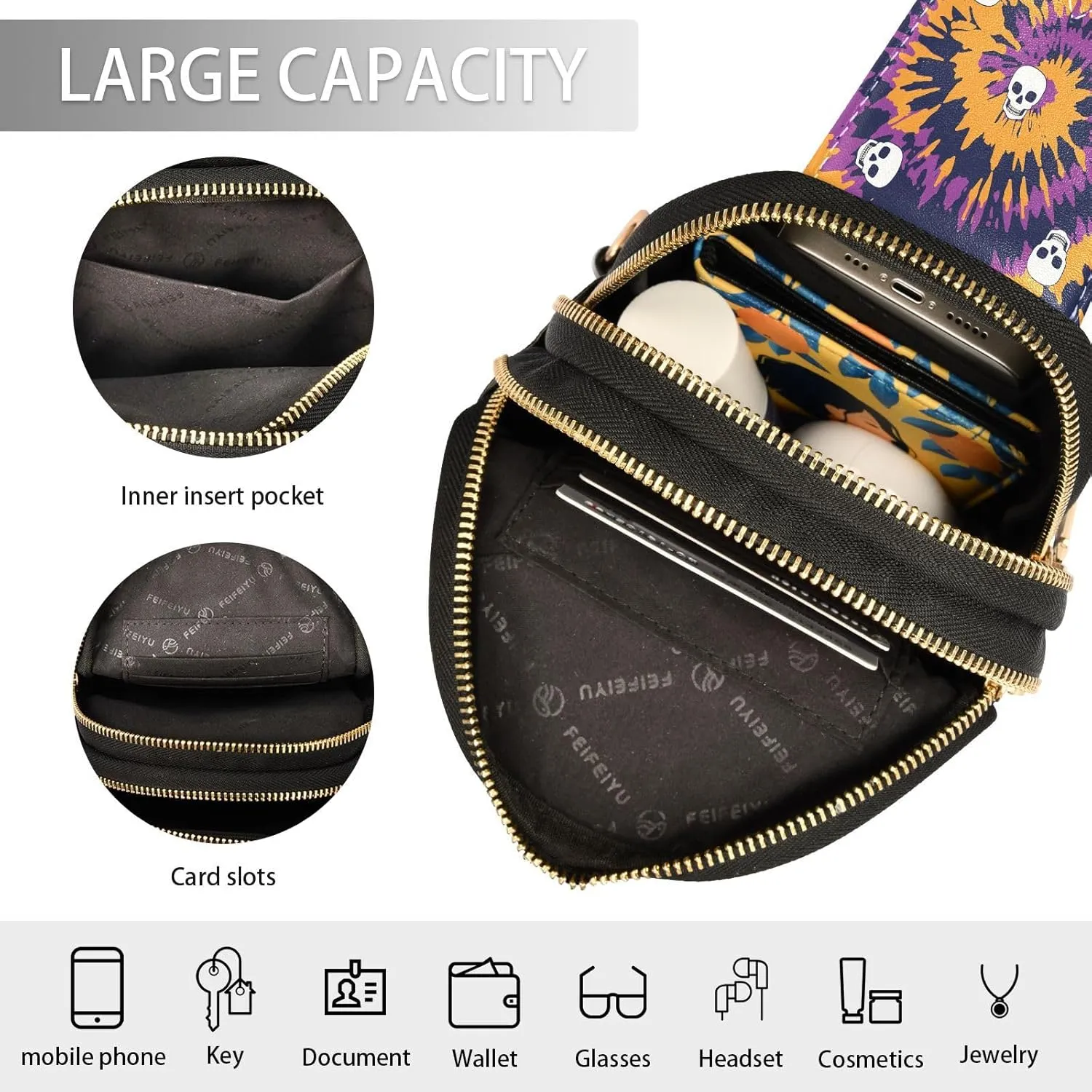 Small Sling Bag for Women Crossbody Tie Dye Skull Halloween Fashion Leather Crossbody Bag for Women Day Of The Dead Trendy Crossbody Purse Fanny Pack with Adjustable Guitar Strap Outfit