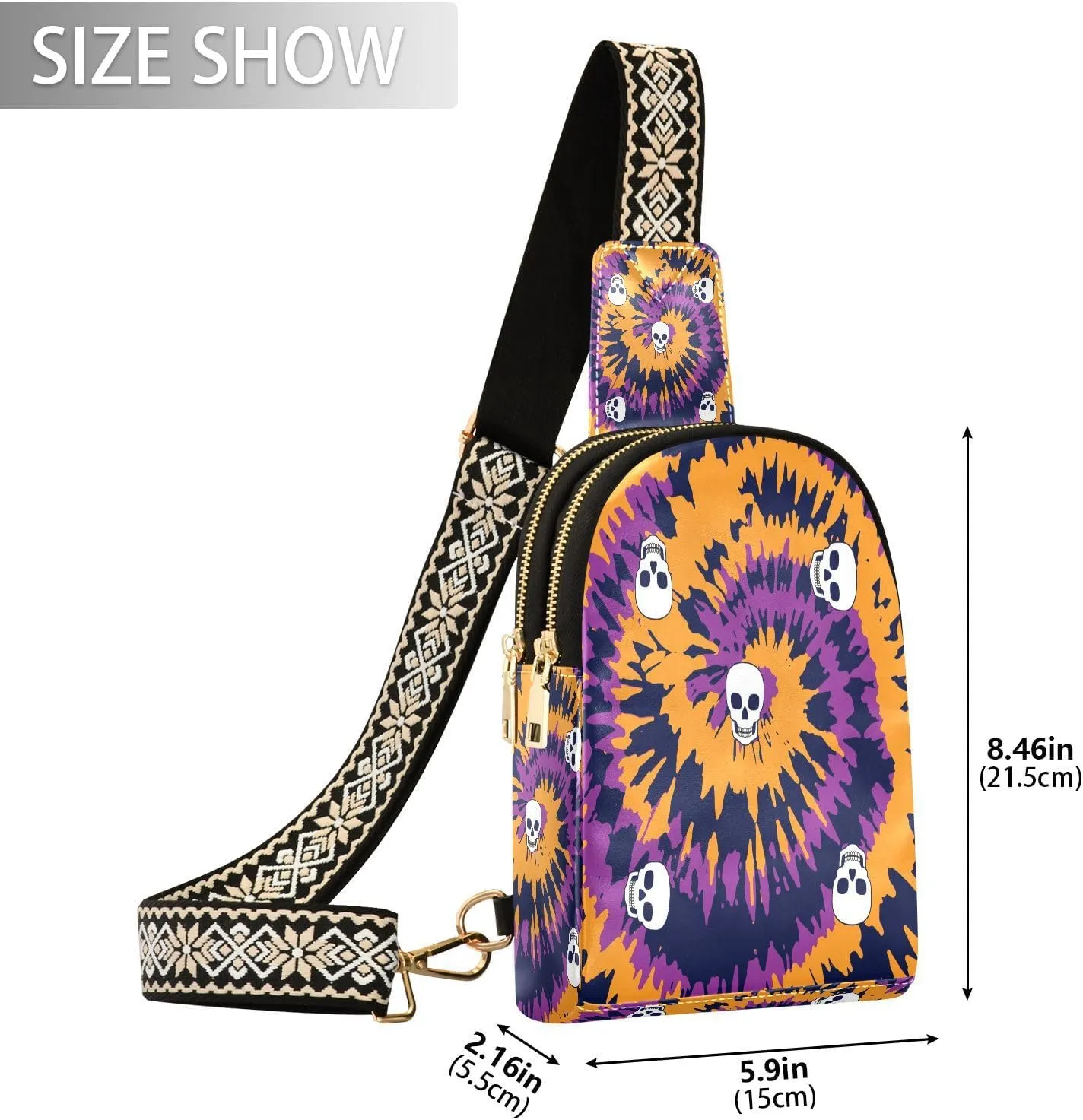 Small Sling Bag for Women Crossbody Tie Dye Skull Halloween Fashion Leather Crossbody Bag for Women Day Of The Dead Trendy Crossbody Purse Fanny Pack with Adjustable Guitar Strap Outfit