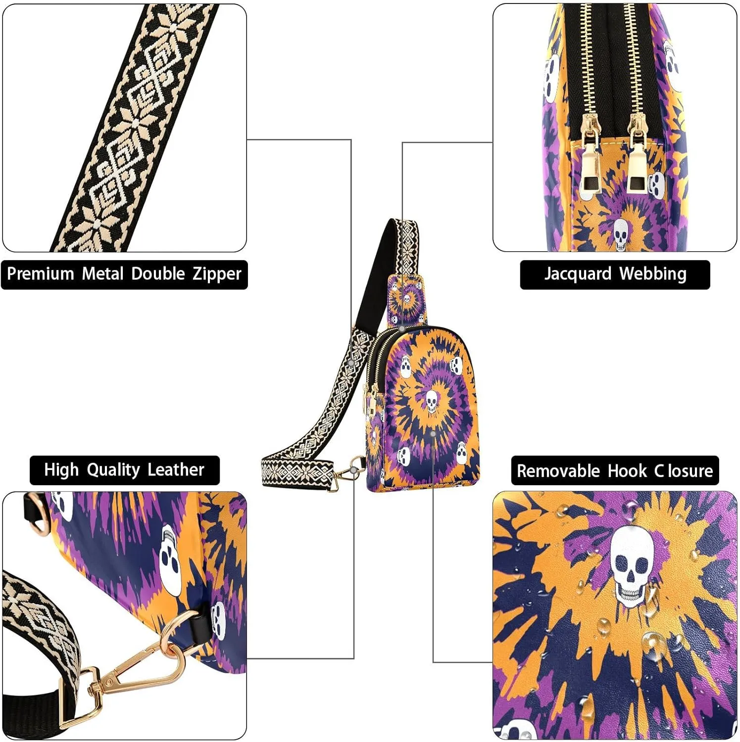 Small Sling Bag for Women Crossbody Tie Dye Skull Halloween Fashion Leather Crossbody Bag for Women Day Of The Dead Trendy Crossbody Purse Fanny Pack with Adjustable Guitar Strap Outfit