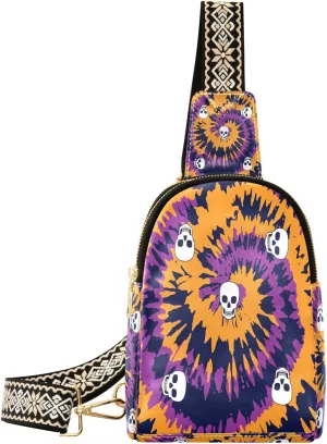 Small Sling Bag for Women Crossbody Tie Dye Skull Halloween Fashion Leather Crossbody Bag for Women Day Of The Dead Trendy Crossbody Purse Fanny Pack with Adjustable Guitar Strap Outfit