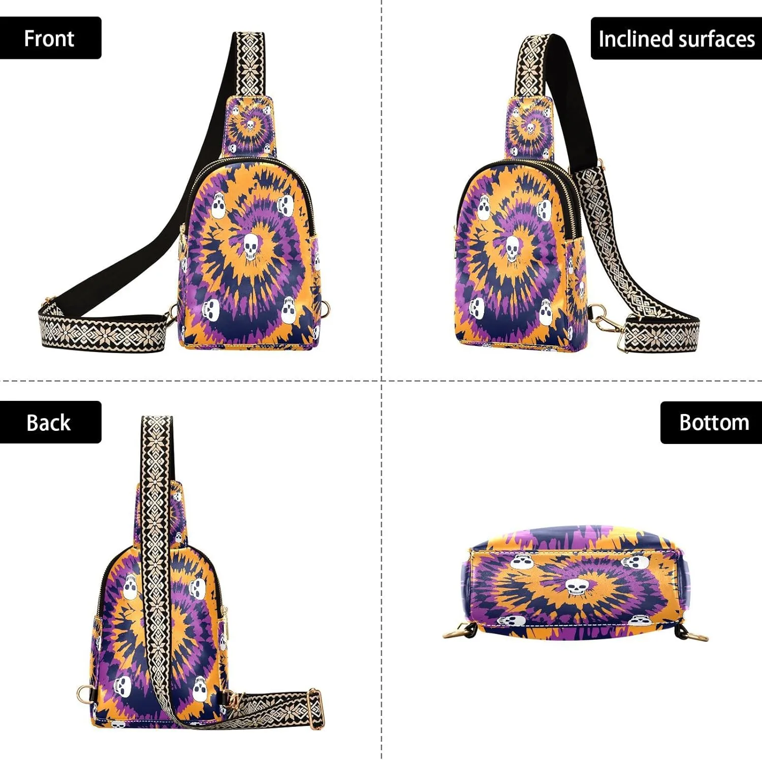 Small Sling Bag for Women Crossbody Tie Dye Skull Halloween Fashion Leather Crossbody Bag for Women Day Of The Dead Trendy Crossbody Purse Fanny Pack with Adjustable Guitar Strap Outfit