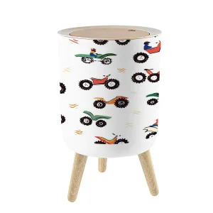 Small Trash Can with Lid sport pattern for kids clothing fabric cover car pattern cartoon white 1.8 Gallon/7L Garbage Can Waste Bin with Pop-Up Lid Wood Legs Wastebasket for Bathroom Kitchen Bedroom