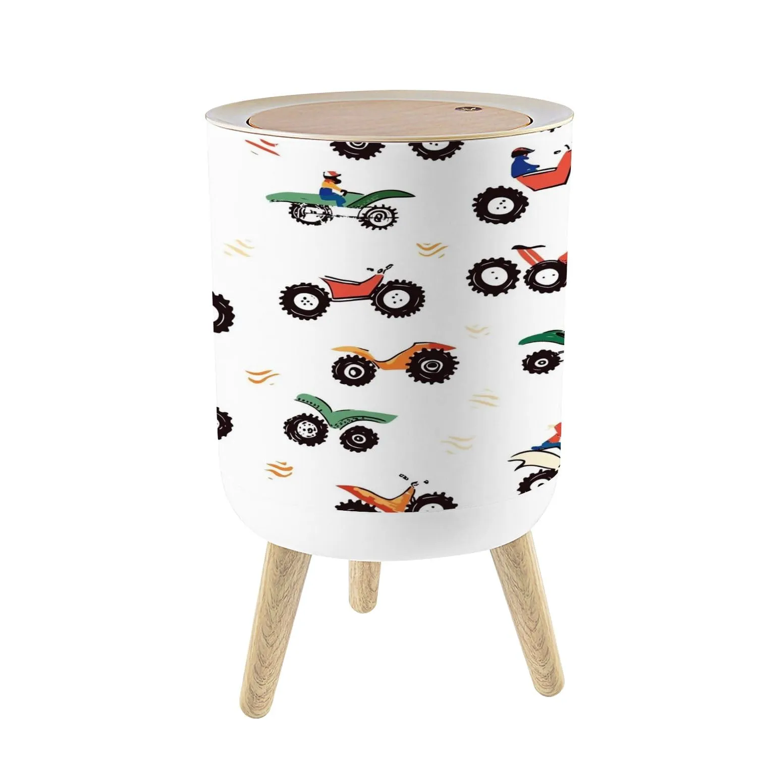 Small Trash Can with Lid sport pattern for kids clothing fabric cover car pattern cartoon white 1.8 Gallon/7L Garbage Can Waste Bin with Pop-Up Lid Wood Legs Wastebasket for Bathroom Kitchen Bedroom
