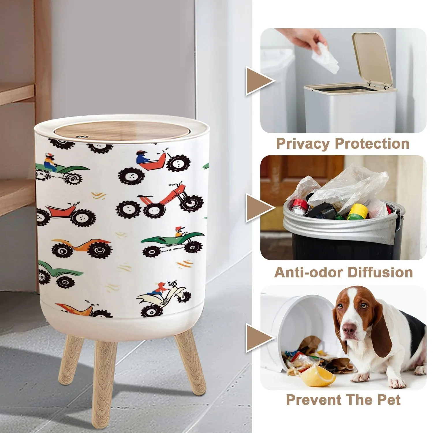 Small Trash Can with Lid sport pattern for kids clothing fabric cover car pattern cartoon white 1.8 Gallon/7L Garbage Can Waste Bin with Pop-Up Lid Wood Legs Wastebasket for Bathroom Kitchen Bedroom