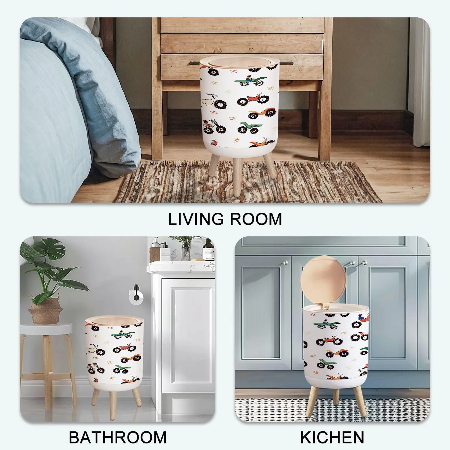 Small Trash Can with Lid sport pattern for kids clothing fabric cover car pattern cartoon white 1.8 Gallon/7L Garbage Can Waste Bin with Pop-Up Lid Wood Legs Wastebasket for Bathroom Kitchen Bedroom