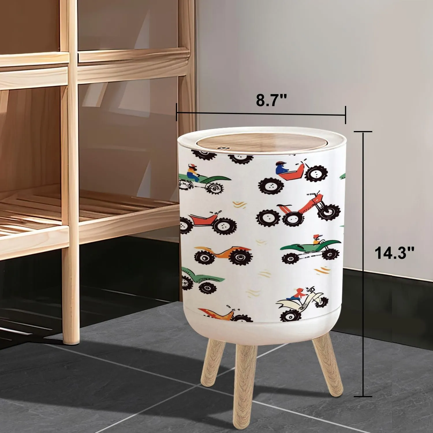 Small Trash Can with Lid sport pattern for kids clothing fabric cover car pattern cartoon white 1.8 Gallon/7L Garbage Can Waste Bin with Pop-Up Lid Wood Legs Wastebasket for Bathroom Kitchen Bedroom