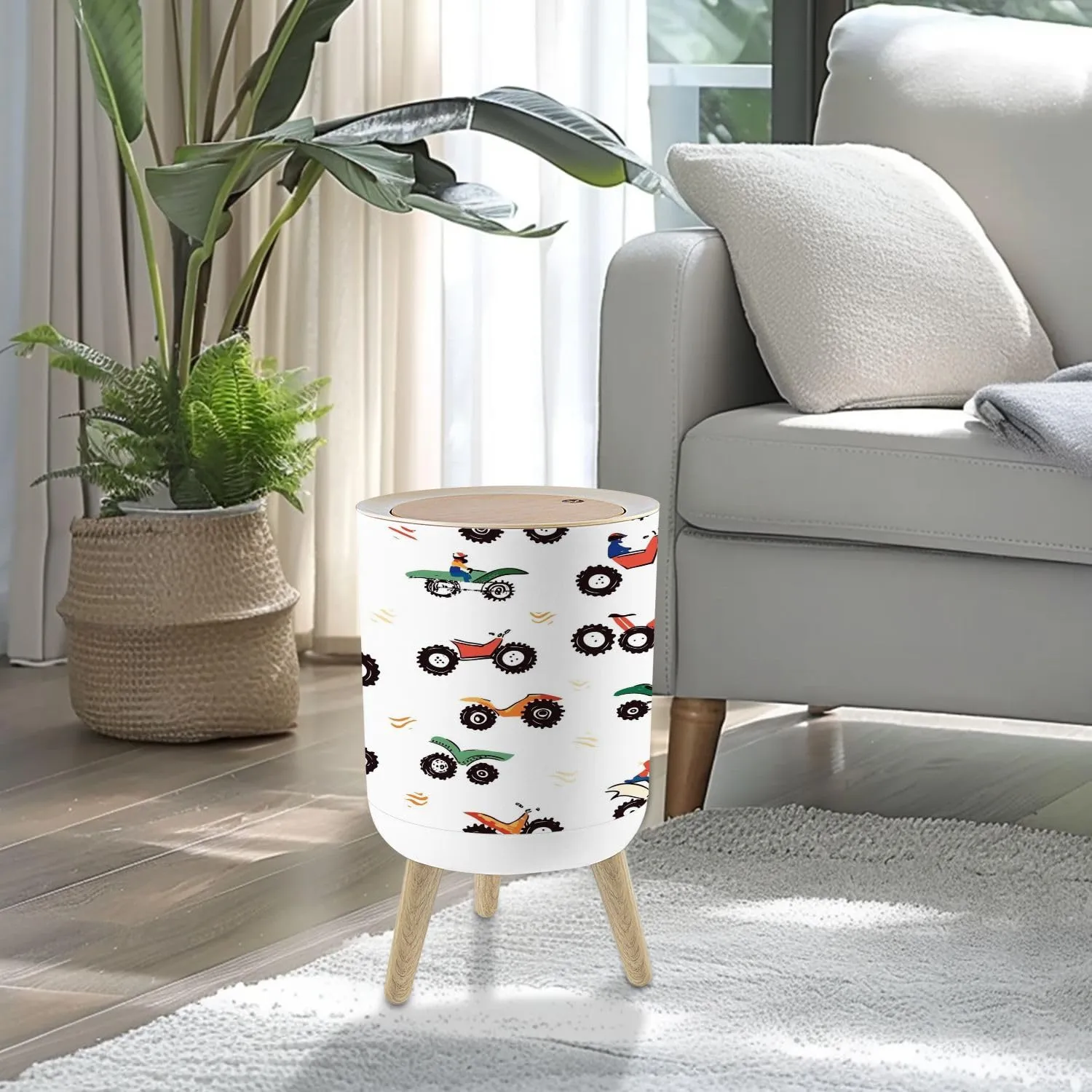 Small Trash Can with Lid sport pattern for kids clothing fabric cover car pattern cartoon white 1.8 Gallon/7L Garbage Can Waste Bin with Pop-Up Lid Wood Legs Wastebasket for Bathroom Kitchen Bedroom