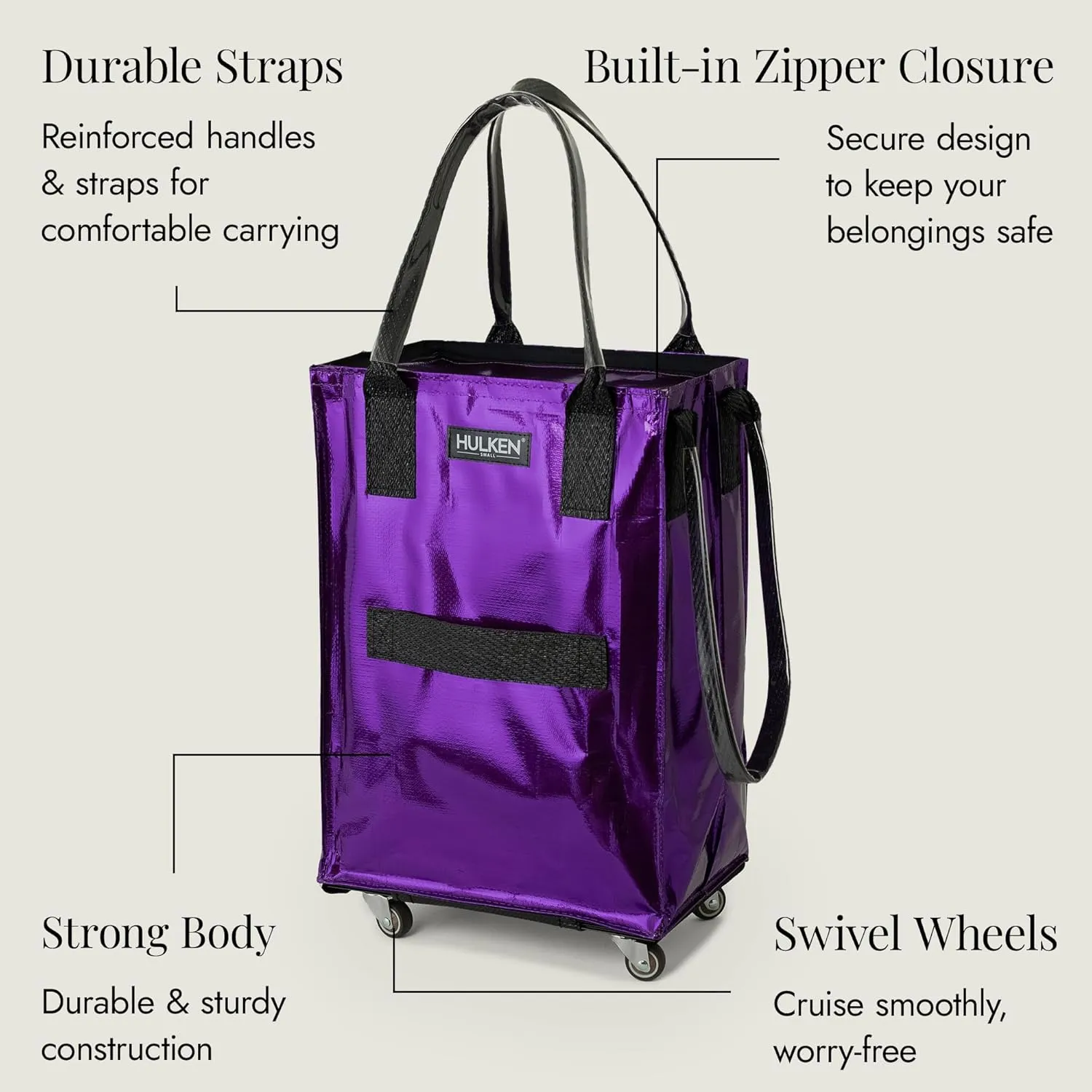 (Small, Ultraviolet) Reusable Grocery Bag On Wheels, Shopping Trolley, Rolling Tote, Zipper Closure, Lightweight, Carries Up to 66 lb, Folds Flat