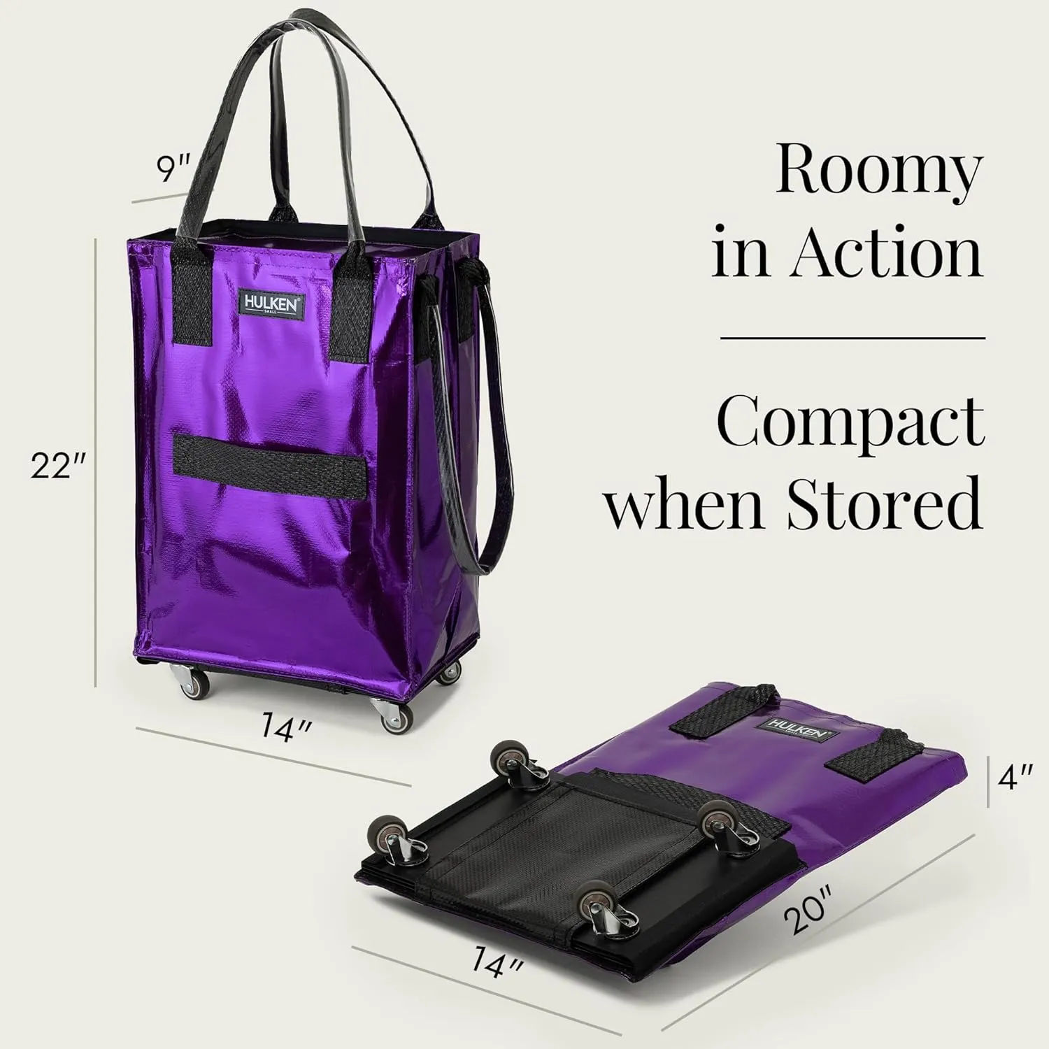 (Small, Ultraviolet) Reusable Grocery Bag On Wheels, Shopping Trolley, Rolling Tote, Zipper Closure, Lightweight, Carries Up to 66 lb, Folds Flat