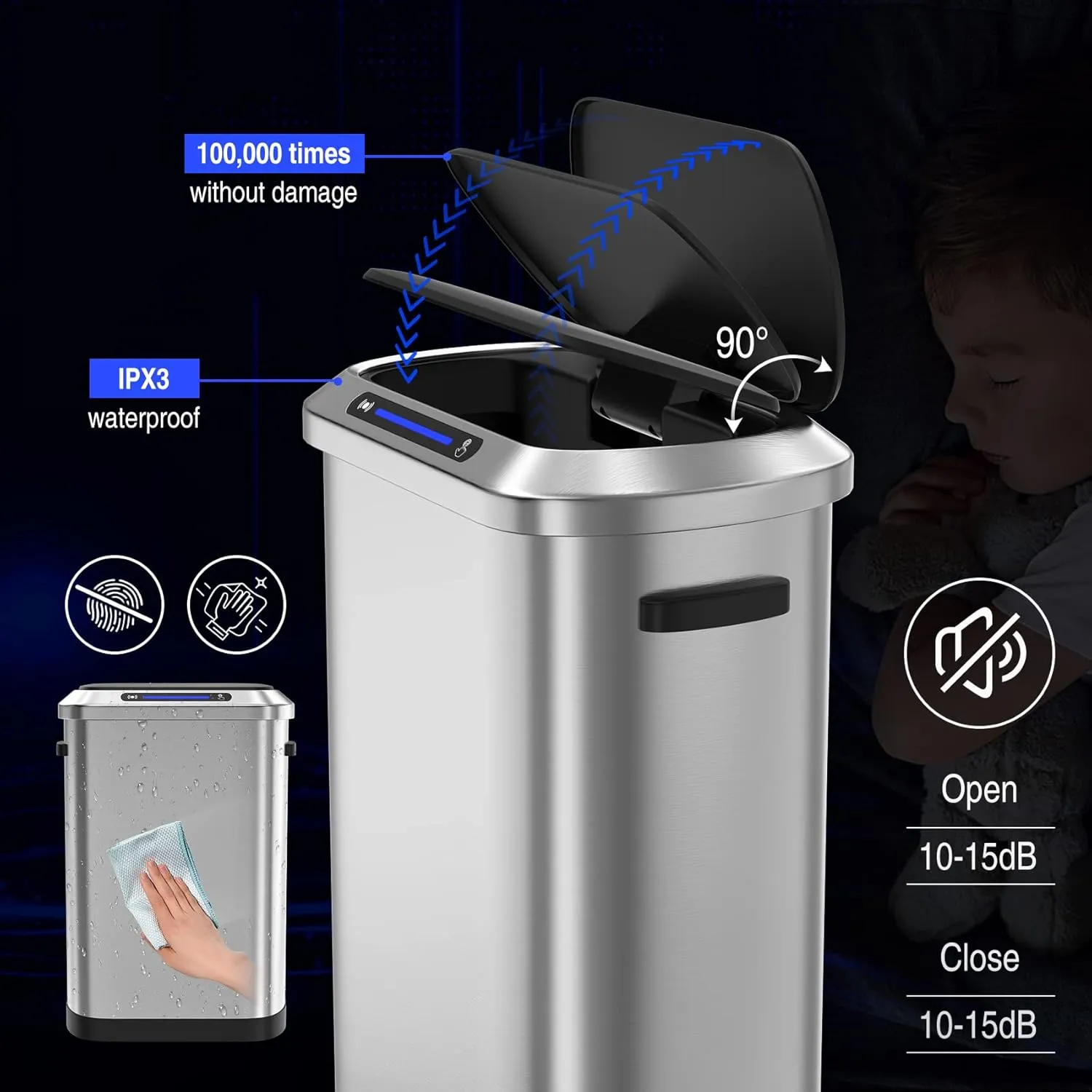 Smart Automatic Trash Can, 13 Gallon 50 L Stainless Steel Thickened Body Mute Sensor Lid with 30 Count Garbage Bags, Kitchen, Office and Bedroom for Garbage Can, Silver