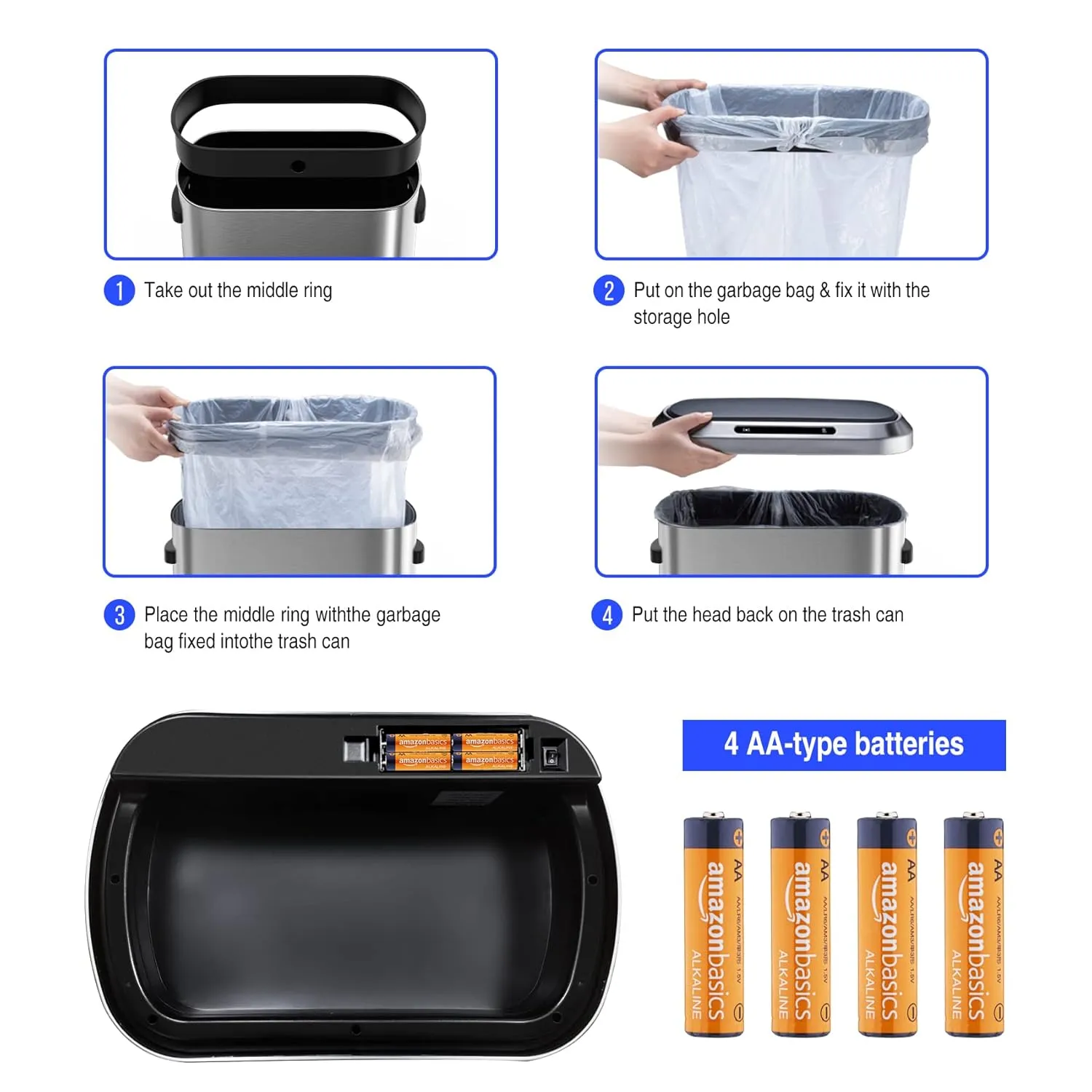 Smart Automatic Trash Can, 13 Gallon 50 L Stainless Steel Thickened Body Mute Sensor Lid with 30 Count Garbage Bags, Kitchen, Office and Bedroom for Garbage Can, Silver