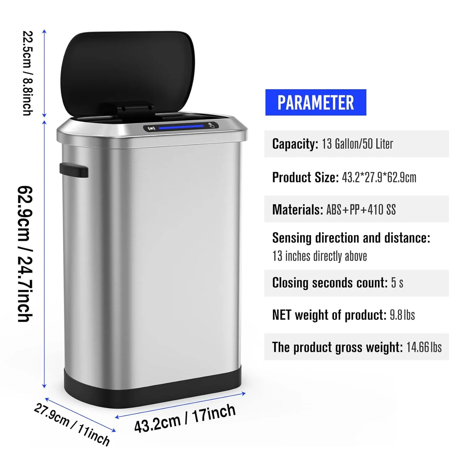 Smart Automatic Trash Can, 13 Gallon 50 L Stainless Steel Thickened Body Mute Sensor Lid with 30 Count Garbage Bags, Kitchen, Office and Bedroom for Garbage Can, Silver