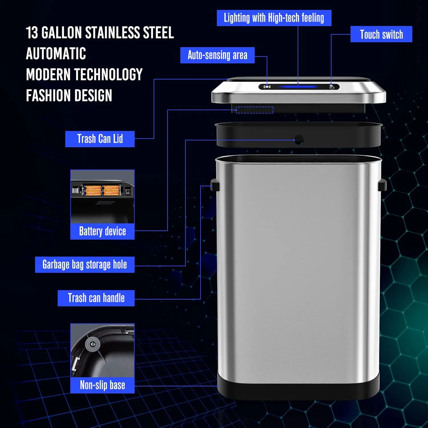 Smart Automatic Trash Can, 13 Gallon 50 L Stainless Steel Thickened Body Mute Sensor Lid with 30 Count Garbage Bags, Kitchen, Office and Bedroom for Garbage Can, Silver