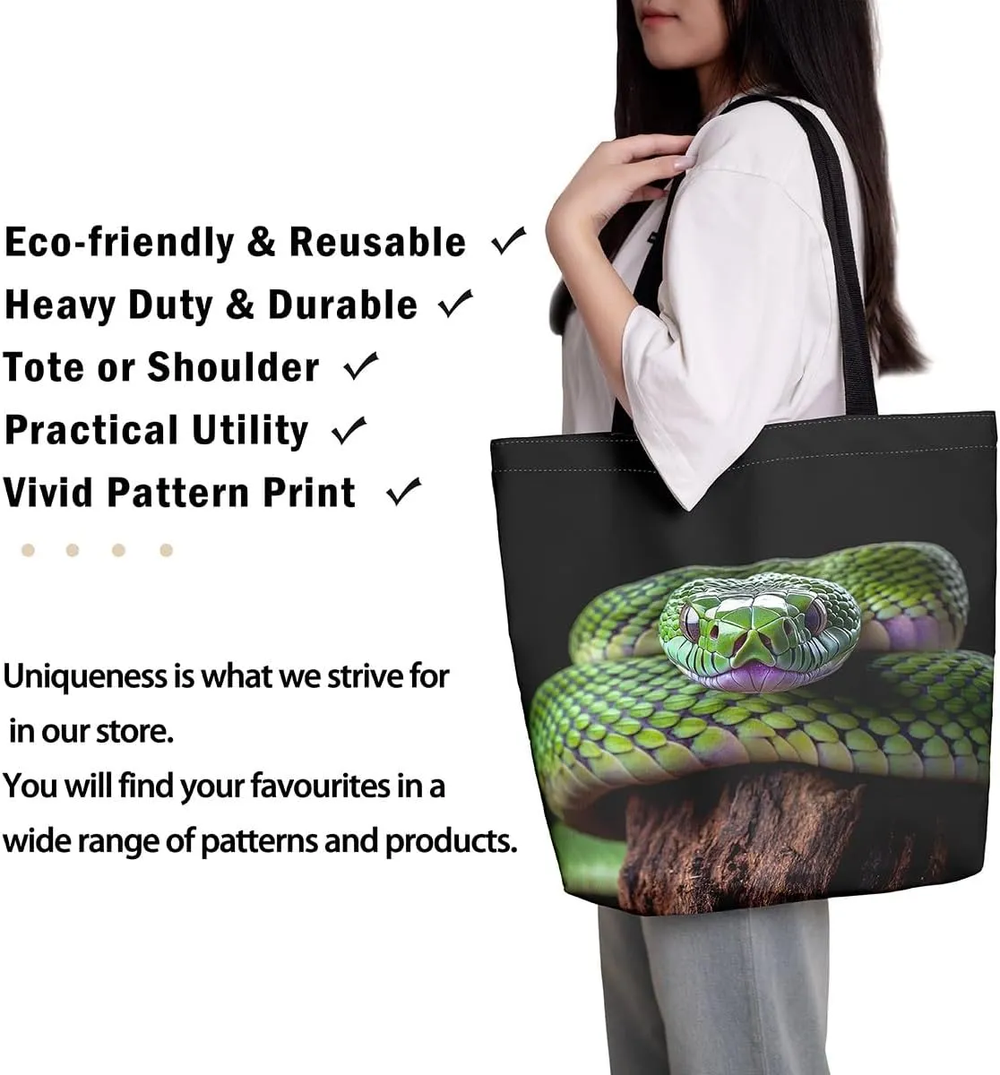 Snake Canvas Tote Bag for Women,Wild Animal The Tote Bag,Little Dragon Snake Hide Reusable Cloth Cotton Bags