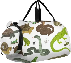Snake Lizard Chameleon and Turtle Animals Sports Duffle Bag for Girls Boys, Gym Bag with Shoe Compartment, Kids Travel Overnight Weekender Shoulder Bag