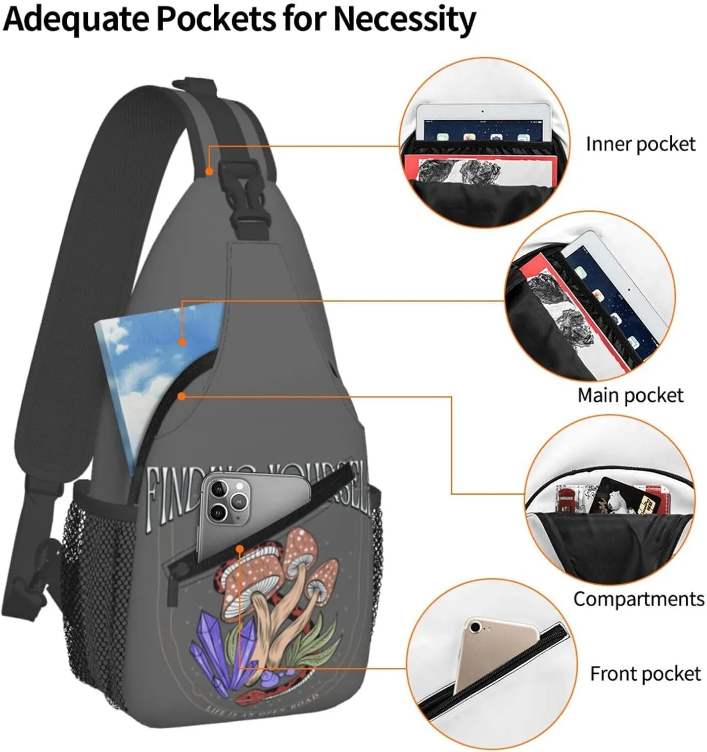Snake Magic Mushrooms Mystical Finding Yourself Chest Sling Bag Crossbody Shoulder Backpack Bag Gym Cycling Daypack Travel Hiking Cross Bag
