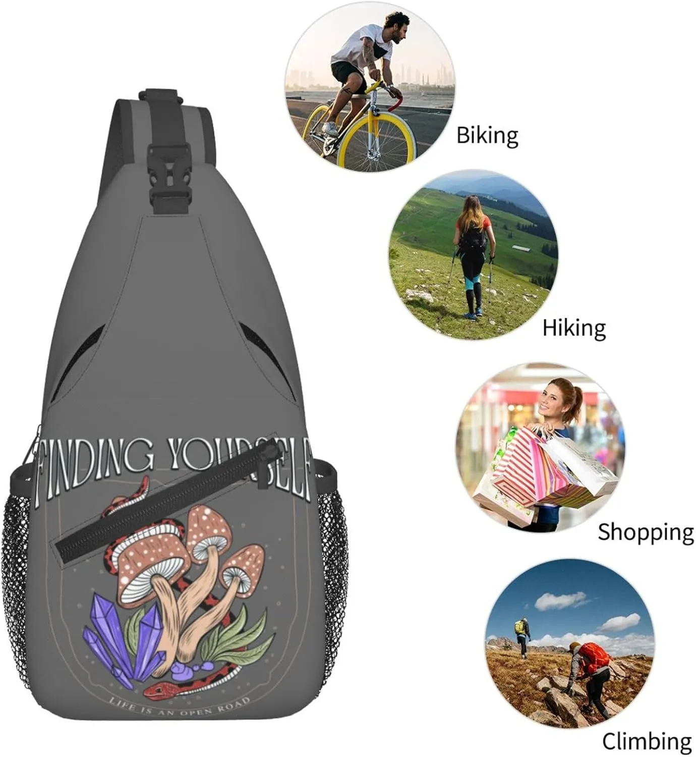 Snake Magic Mushrooms Mystical Finding Yourself Chest Sling Bag Crossbody Shoulder Backpack Bag Gym Cycling Daypack Travel Hiking Cross Bag