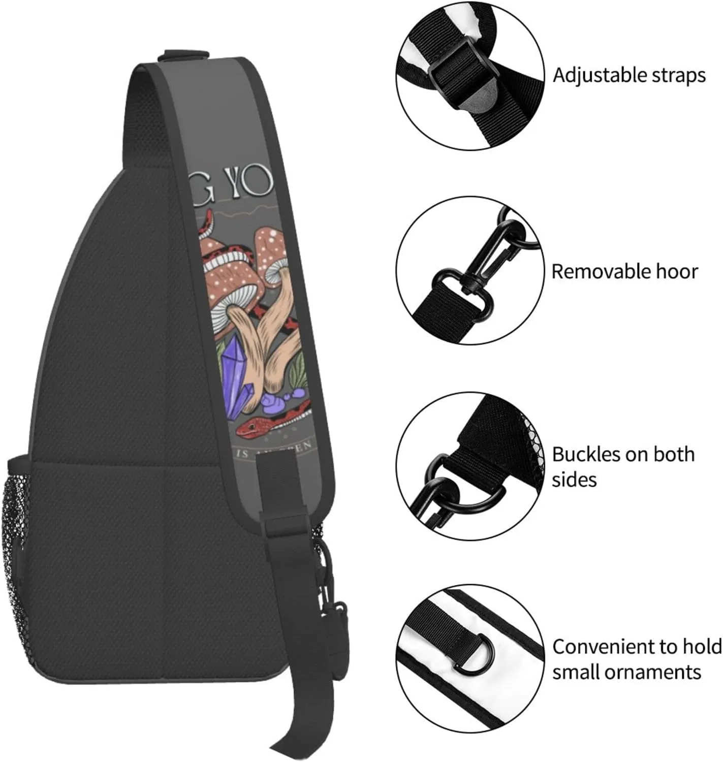 Snake Magic Mushrooms Mystical Finding Yourself Chest Sling Bag Crossbody Shoulder Backpack Bag Gym Cycling Daypack Travel Hiking Cross Bag