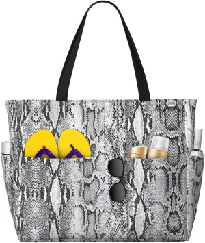 Snake Skin Black And White Print Large Tote Bag For Women, Travel Shoulder Bag Handle Handbag For Gym, Work, Travel