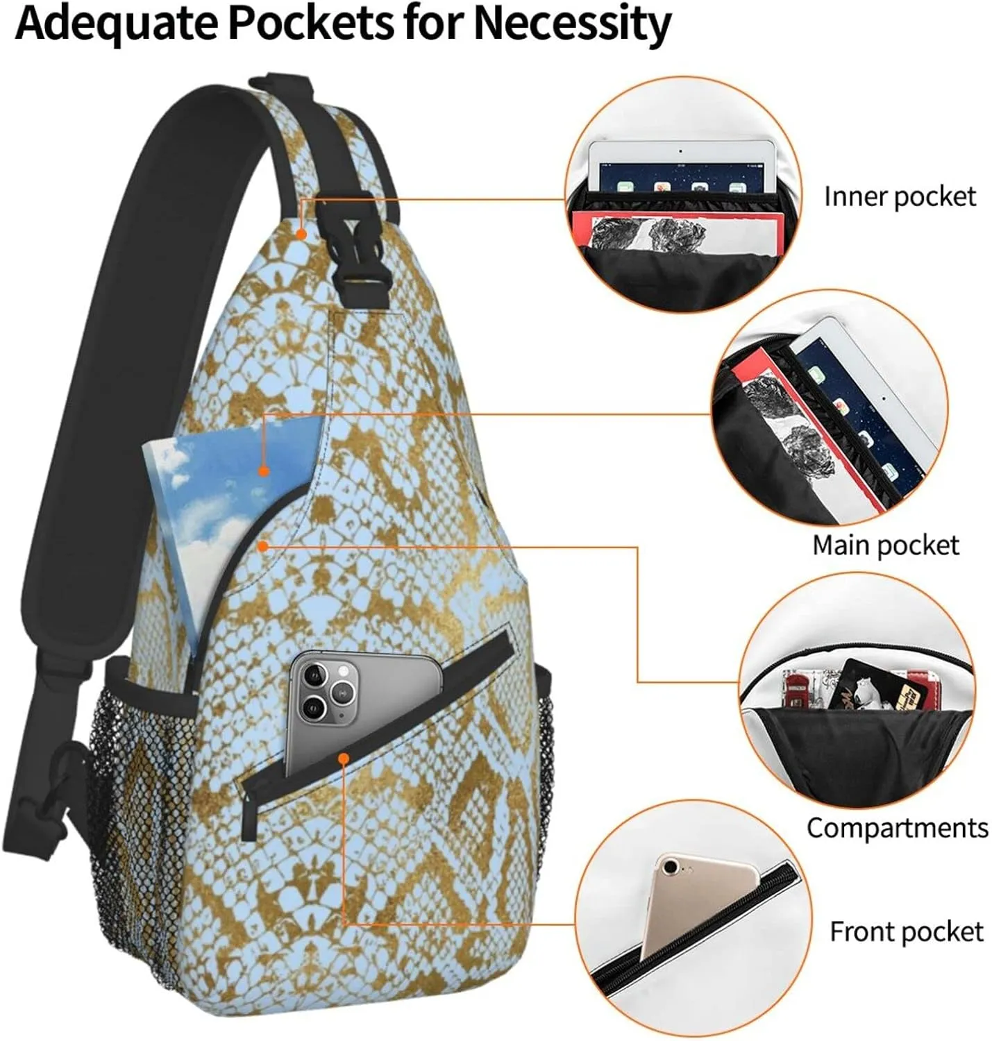 Snake Skin Sling Bag Animal Crossbody Chest Daypack Casual Backpack Women Shoulder Bag For Travel Picnic