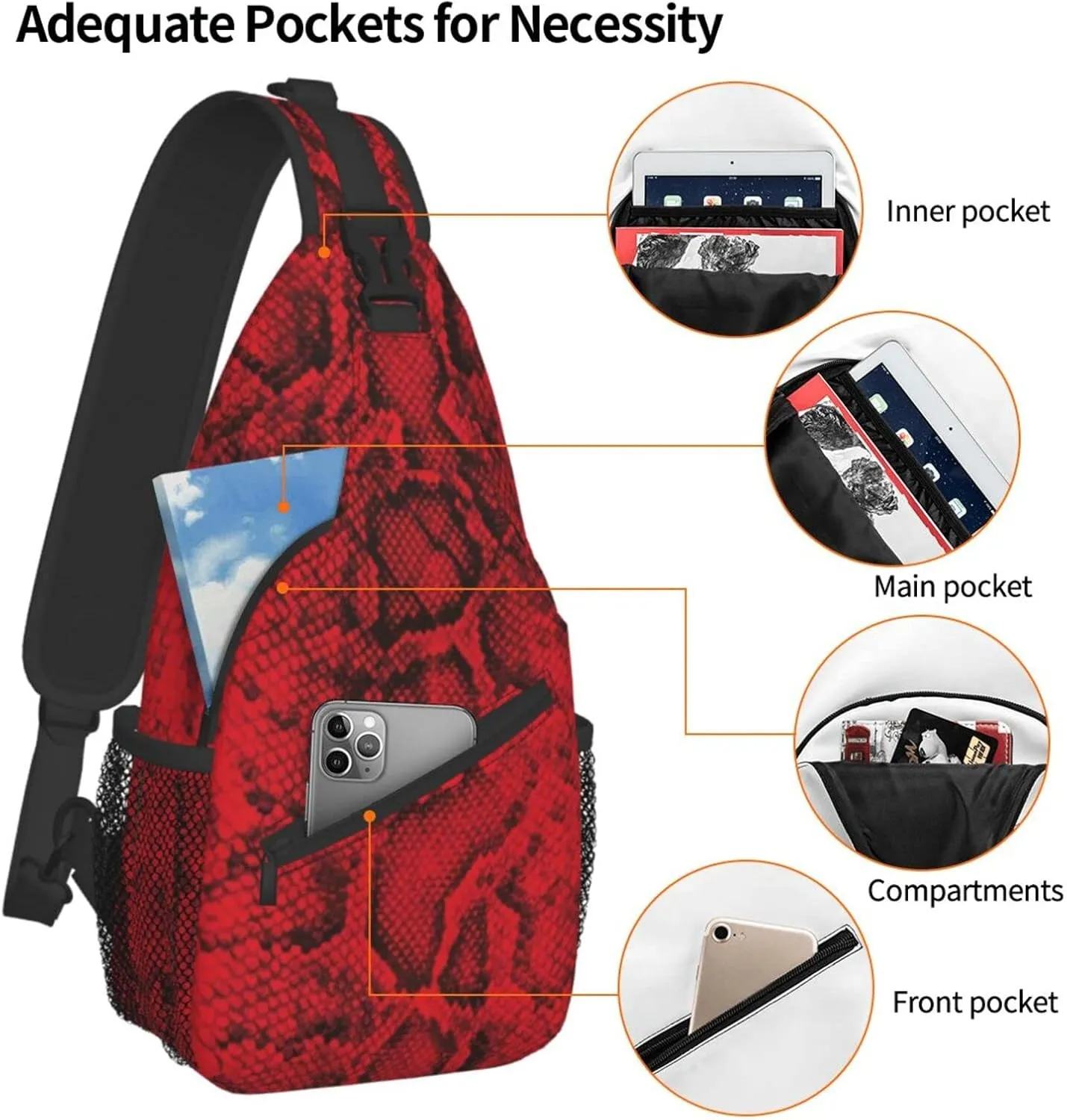 Snake Skin Sling Bag Animal Crossbody Chest Daypack Casual Backpack Women Shoulder Bag For Travel Picnic