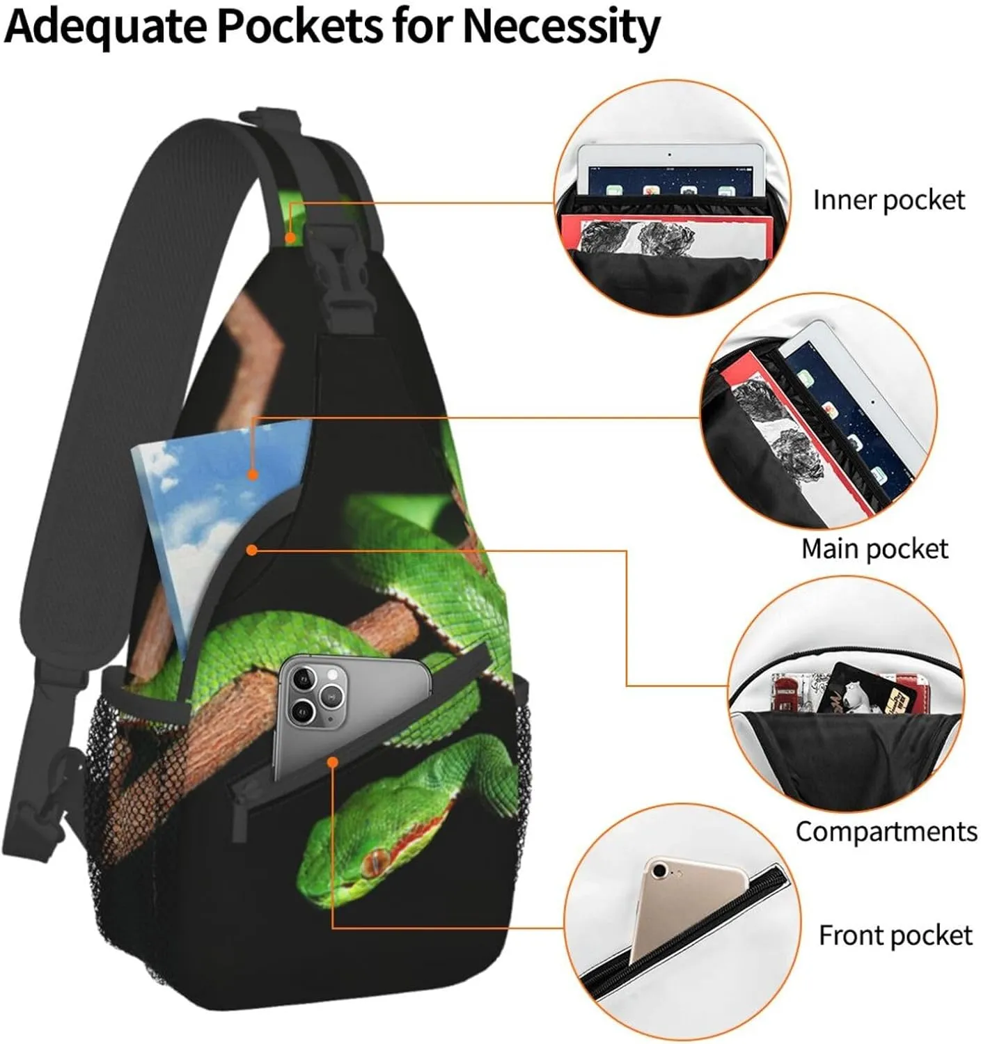 Snake Sling Bag Animal Crossbody Chest Daypack Casual Backpack Snake Shoulder Bag Cool Hiking Bag Horror Bag
