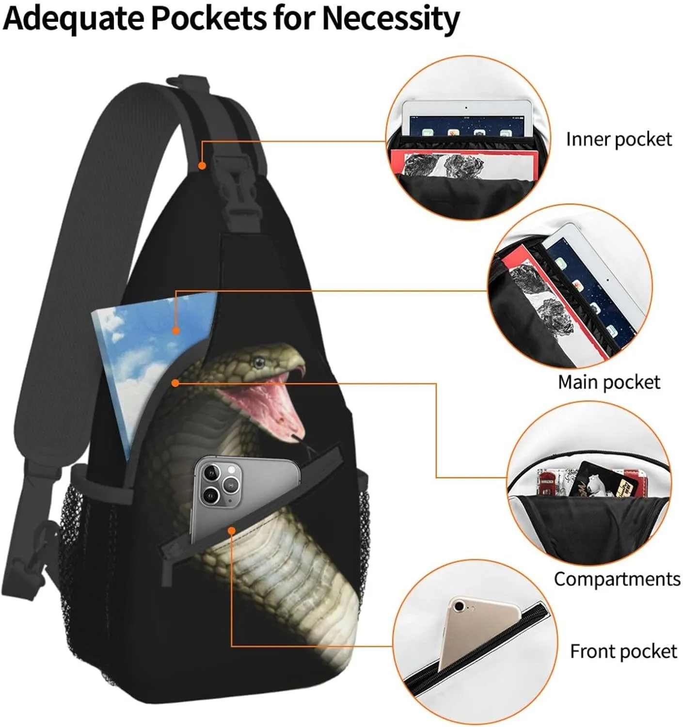 Snake Sling Bag Animal Crossbody Chest Daypack Casual Backpack Snake Shoulder Bag Cool Hiking Bag Horror Bag