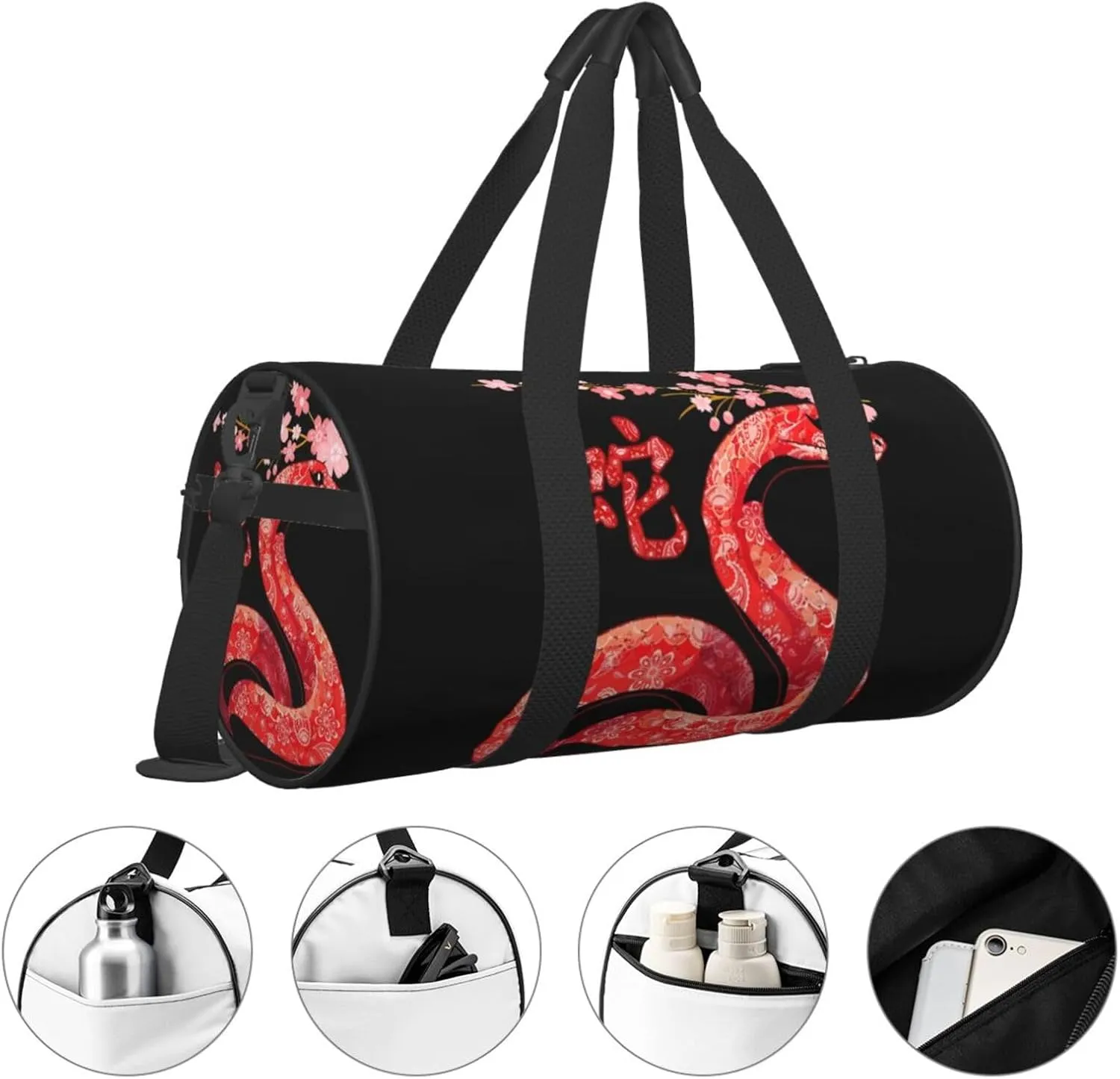 Snake Year Happy New Year 2025 Round Travel Duffel Bag Large Capacity Gym Sports Bags for Hiking Vacation Trips