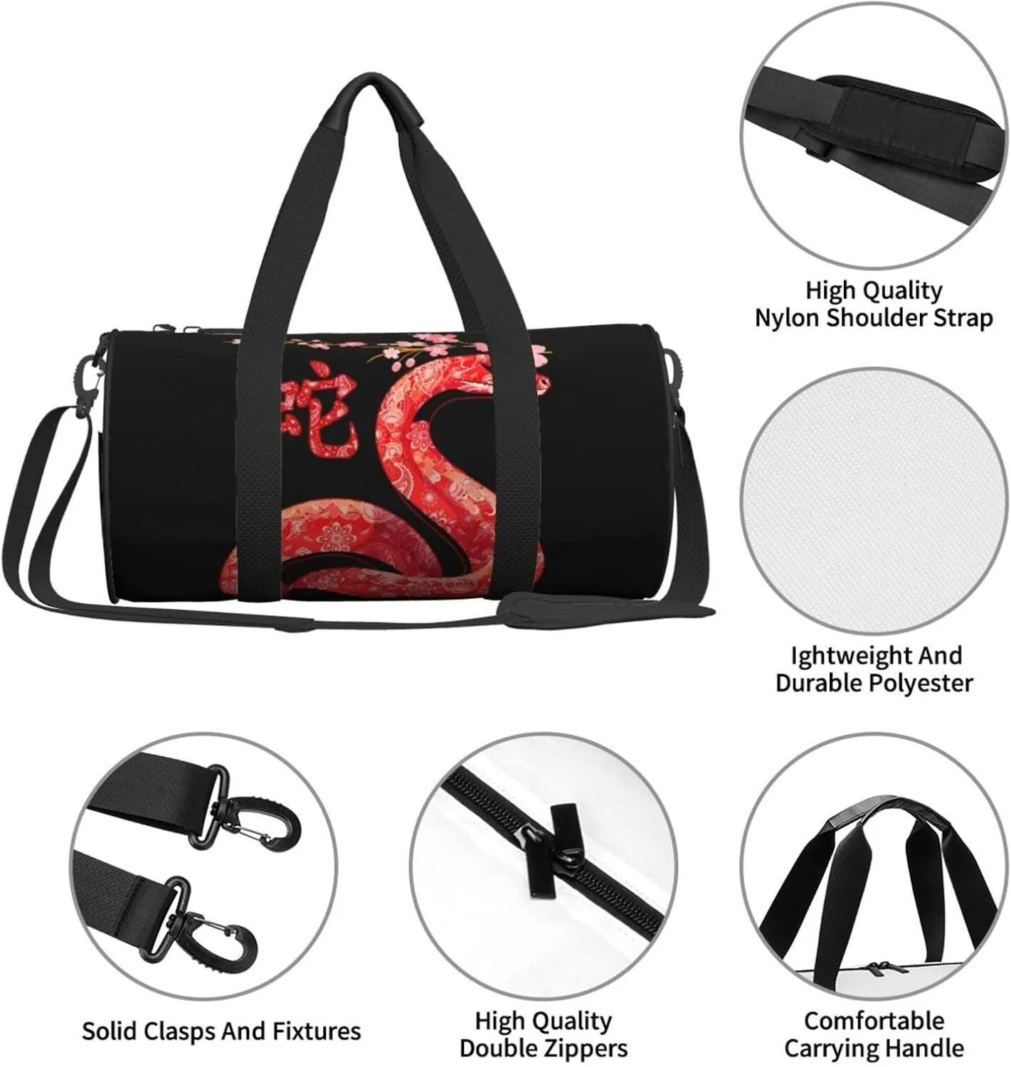 Snake Year Happy New Year 2025 Round Travel Duffel Bag Large Capacity Gym Sports Bags for Hiking Vacation Trips