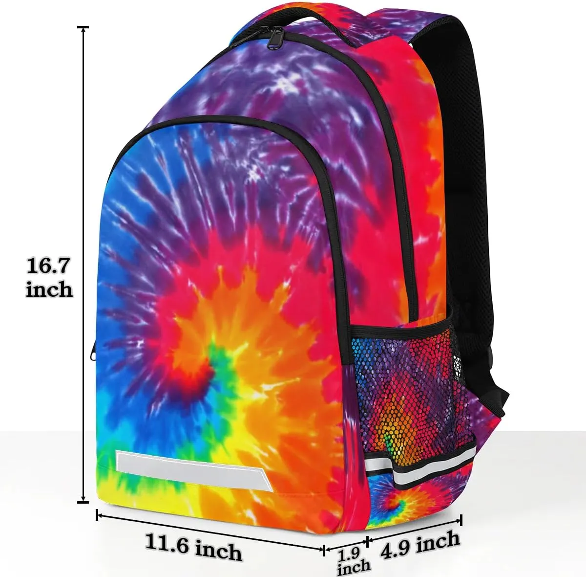 Spiral Tie Dye Backpack, 11.6 x 6.8 x 16.7 Inches Laptop Bookbag, Travel School Bag with Reflective Strip for Kids Boys Girls Women Men