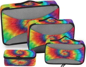 Spiral Tie Dye Colorful Rainbow Hippie Pattern on Fabric 4 PCs Set Packing Bags, Luggage Organizer Bag, Portable Cube Toiletry bag, Durable Travel Cosmetic Storage Bag for Men Women