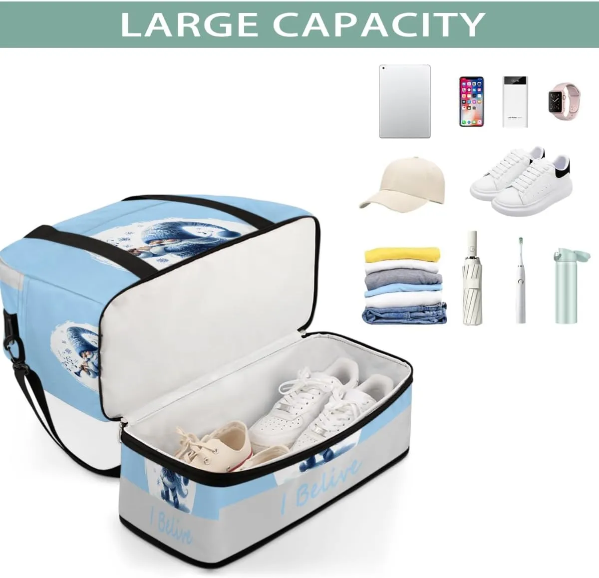 Sports Gym Bag Blue Music Dwarf Large Travel Duffel Bag With Shoe Compartment Foldable Waterproof Carry-On Weekend Travel Bags for Camping Overnight Yoga Hospital Travel Bags