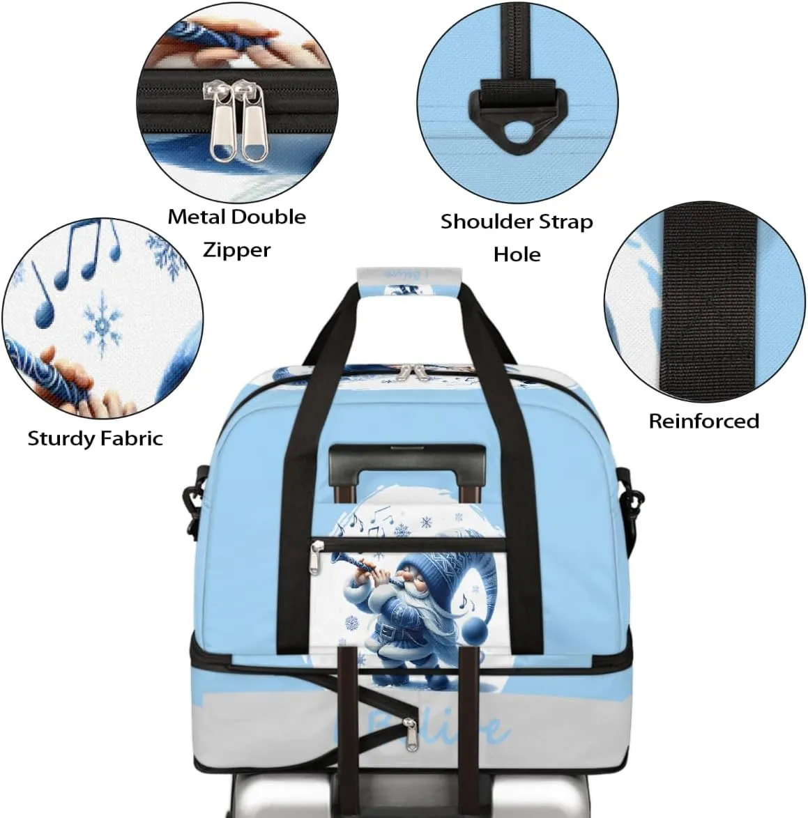 Sports Gym Bag Blue Music Dwarf Large Travel Duffel Bag With Shoe Compartment Foldable Waterproof Carry-On Weekend Travel Bags for Camping Overnight Yoga Hospital Travel Bags