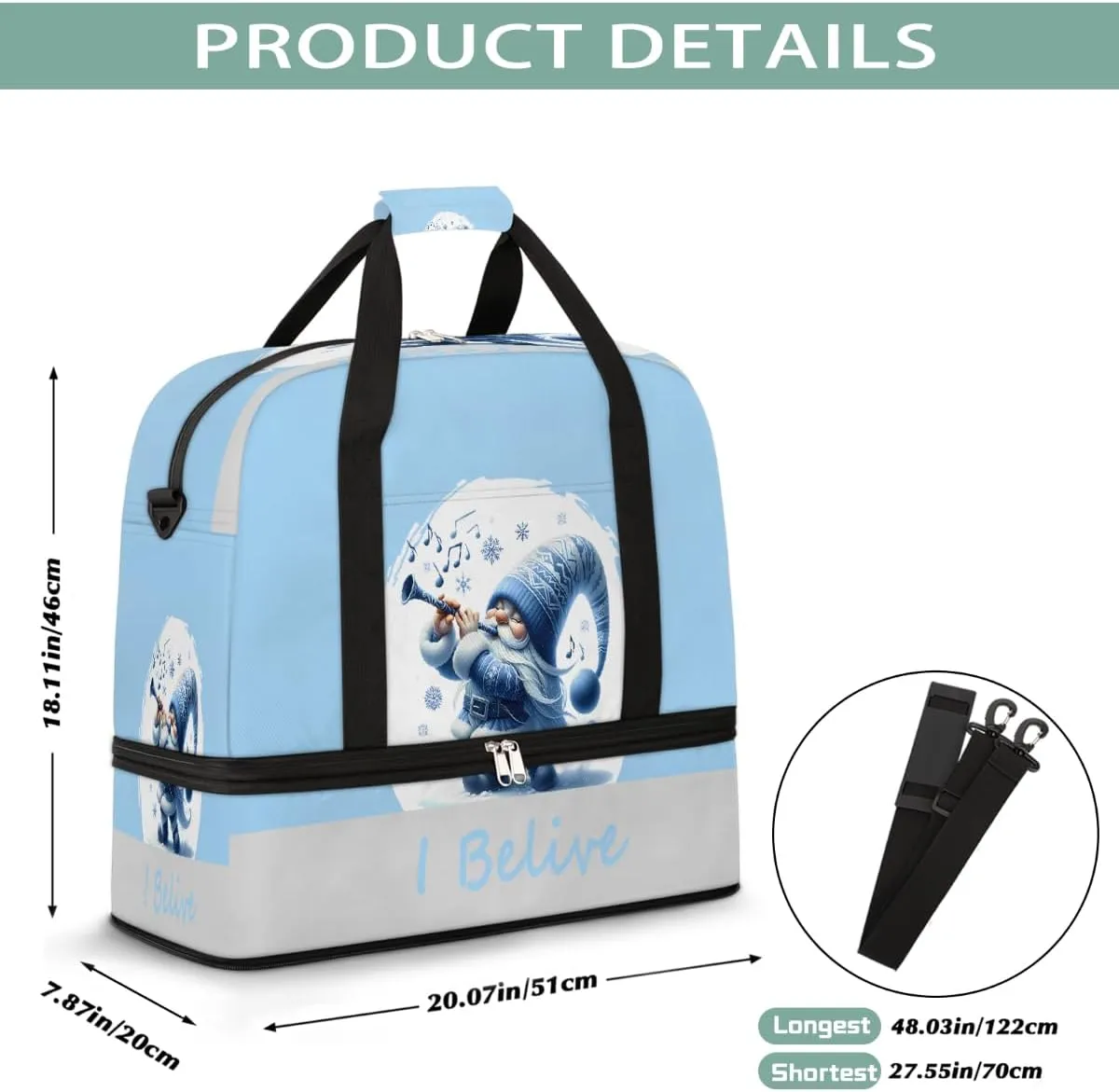 Sports Gym Bag Blue Music Dwarf Large Travel Duffel Bag With Shoe Compartment Foldable Waterproof Carry-On Weekend Travel Bags for Camping Overnight Yoga Hospital Travel Bags