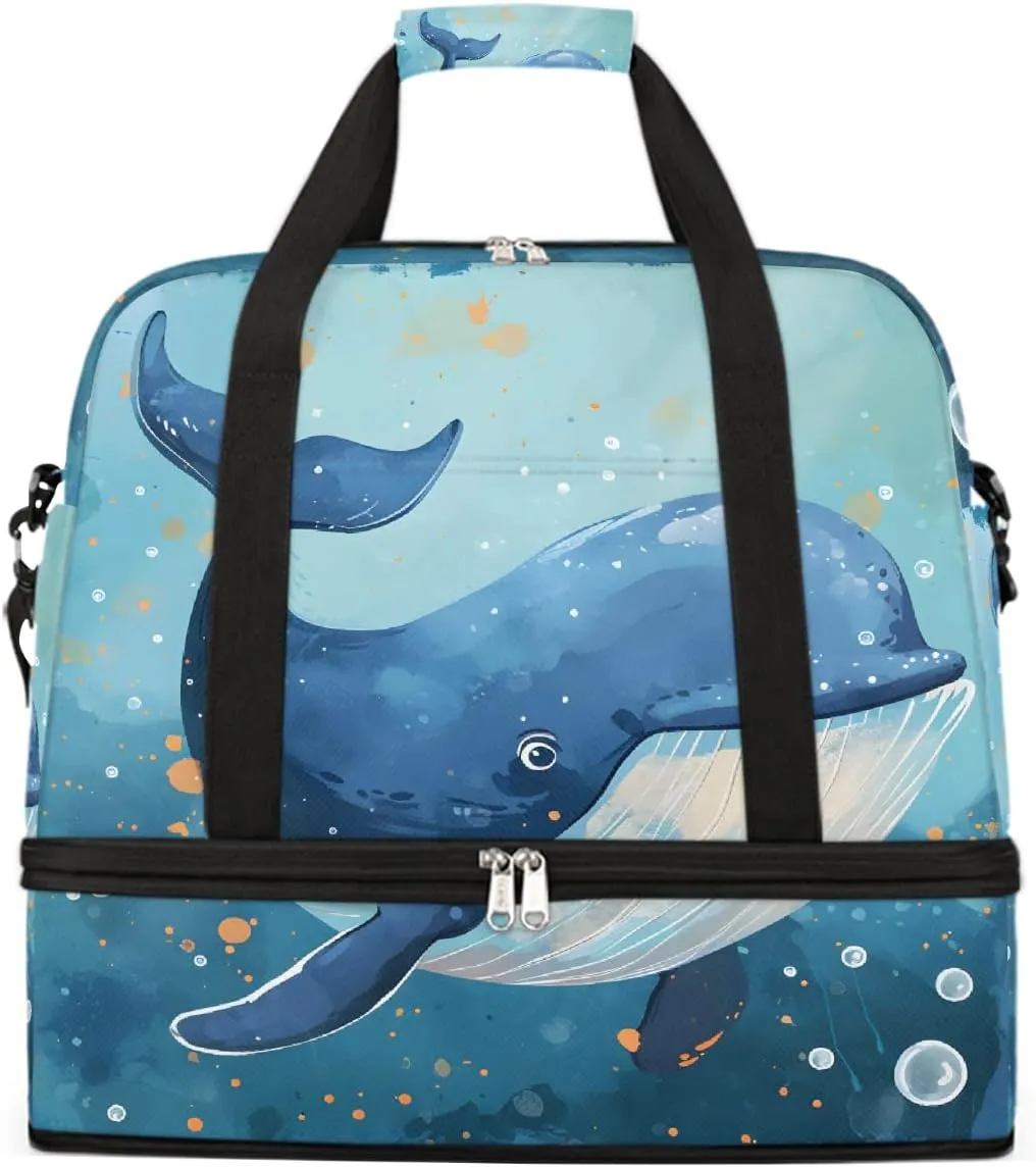 Sports Gym Bag Dolphin Ocean Oil Painting Large Travel Duffel Bag With Shoe Compartment Foldable Waterproof Carry-On Weekend Travel Bags for Camping Overnight Yoga Hospital Travel Bags