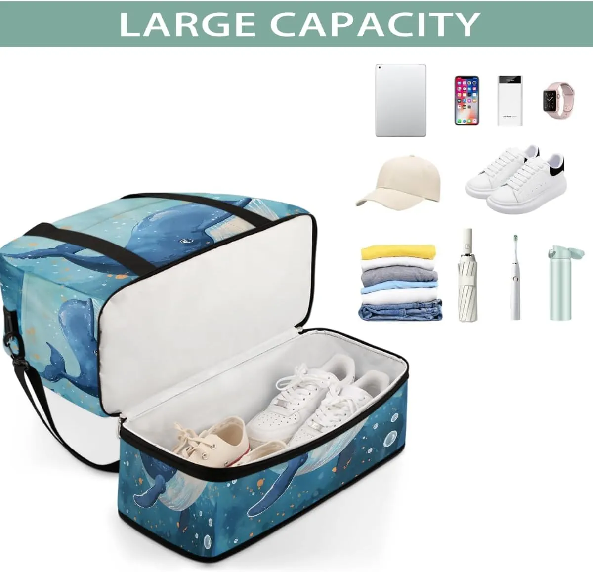 Sports Gym Bag Dolphin Ocean Oil Painting Large Travel Duffel Bag With Shoe Compartment Foldable Waterproof Carry-On Weekend Travel Bags for Camping Overnight Yoga Hospital Travel Bags